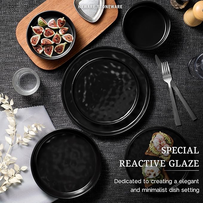 HaWare Dinnerware Sets, 18-Piece Plates and Bowls Set, Stoneware Dish Set for 6, Ceramic Dinnerware for Home Restaurant, Chip and Scratch Resistant, Microwave and Dishwasher Safe, Matte Black