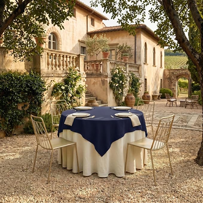 Solino Home Navy Blue Linen Tablecloth 52 x 52 Inch - 100% Pure Linen Square Table Throw - Fete, Machine Washable Table Cloth for Summer, 4th of July