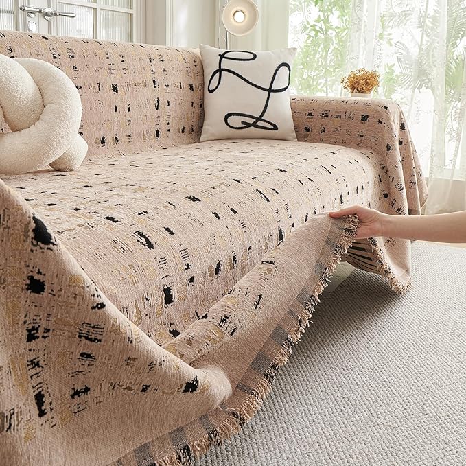 DREAMINGO Abstract Chenille Couch Cover Blanket Coffee Black Boho Sofa Cover, Washable Furniture Protector, Universal Slipcover for Couch, Geometric Brushstroke Jacquard, XX-Large 71"x150"