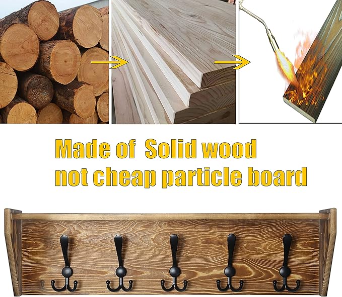 WEBI Wall Shelf with Hooks Underneath,24" Long Wall Mounted Coat Rack with Shelf,5 Triple Hooks,Wall Shelves for Bathroom,Rustic Brown