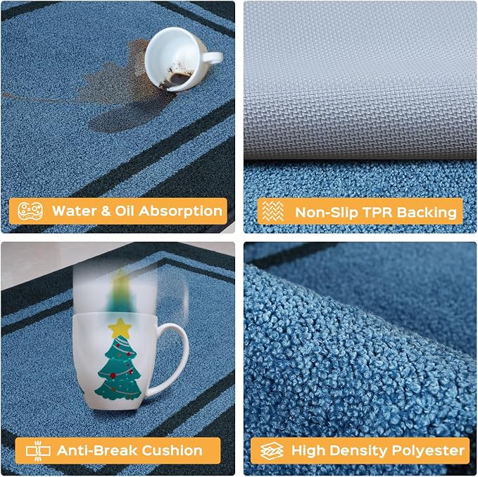 anllugs Kitchen Rugs 24" x 36", Non-Slip Machine Washable Kitchen Runner Rugs Floor Mats, Absorbent Comfort Standing Mats for Kitchen, Sink, Laundry and Hallway, Light Blue & Navy