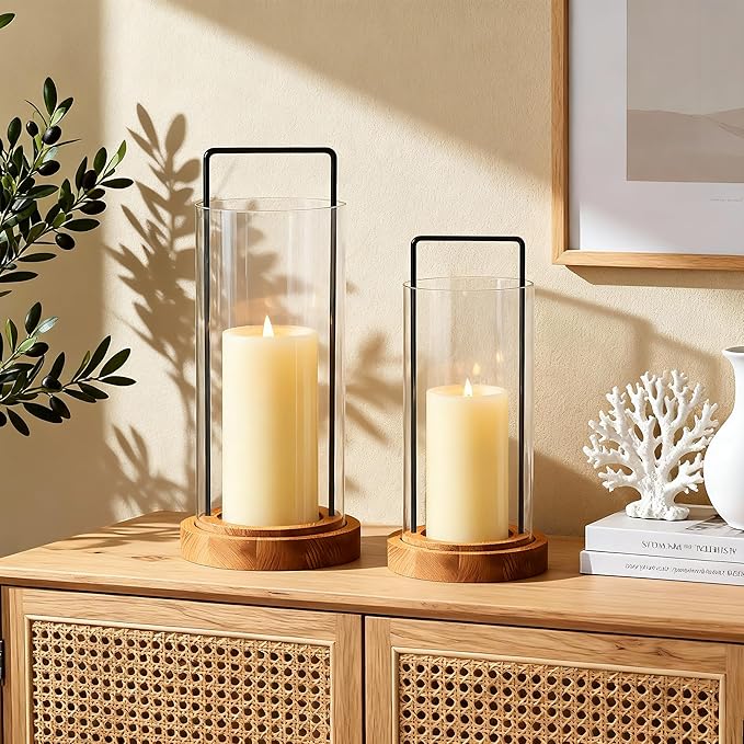 Houmury Set of 2 Hurricane Candle Holders Lantern 12” & 10”with Wood Base Metal Handle Glass Cylinder Modern Farmhouse Decor for Home Decoration, Table Centerpieces (Warm Amber Brown)