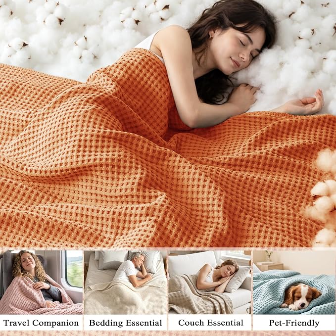 Exclusivo Mezcla Pre-Washed 100% Cotton Waffle Blanket Twin Size for Bed, 330GSM Lightweight Breathable Summer Blankets, Soft and Cozy, Home Decor, Burnt Orange, 60x80 Inches