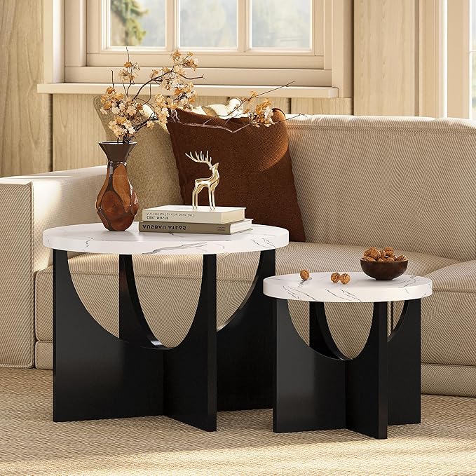 LIKIMIO Nesting Coffee Tables Set of 2, 23.6" Small Round Side Tables for Living Room, Wooden End Table, Marble