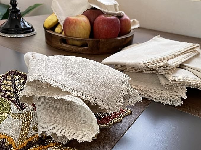 Homidate Cloth Dinner Napkins Linen Flax Cotton 18x18 Set of 12 – Natural with Lace & Mitered Corners – Machine Washable Reusable Fabric Napkins for Weddings, Parties & Table Decorations
