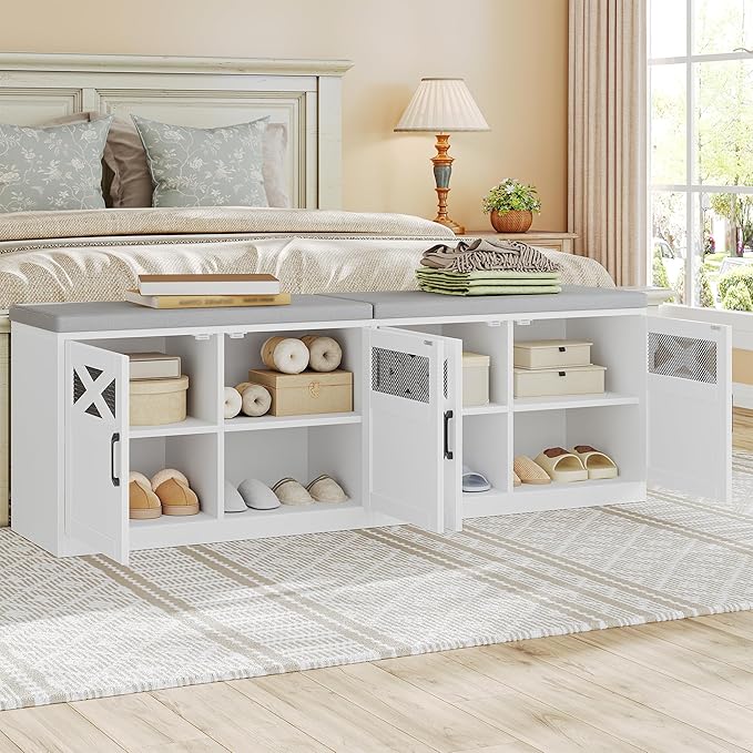 Hzuaneri 2 Tier Shoe Storage Bench with Doors, 59" Farmhouse Shoe Bench with Padded Cushion, 12-16 Pairs of Bed End Bench, Entryway Bench with Storage for Bedroom, Living Room, White SB61503X