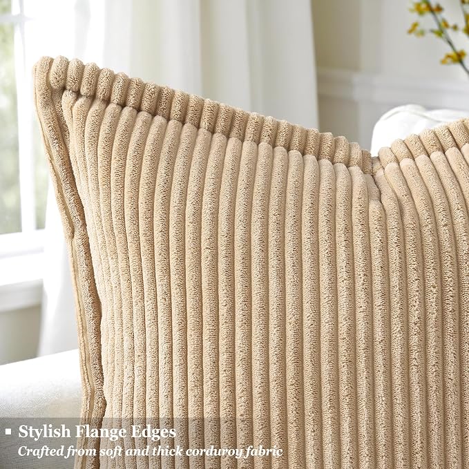 decorUhome Summer Corduroy Light Brown Euro Sham Throw Pillow Covers 24x24 Set of 2 Decorative Soft Boho Farmhouse Couch Pillow Covers for Living Room Bed Sofa Broadside Striped Pillow Cases