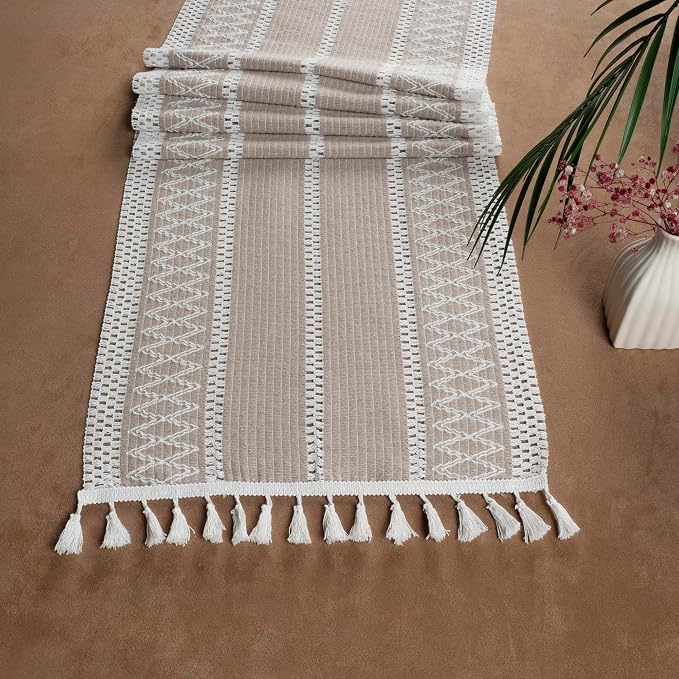 Boho Table Runner for Spring Home Decor (14x60 Inches) Long Farmhouse Rustic Table Runner, Macrame Runner with Tassels for Dining Living Room Bedroom Bridal Shower (Cream & Latte)