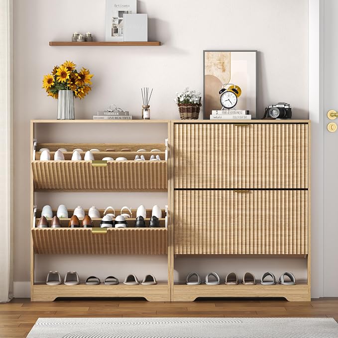 HUANLEGO Shoe Cabinet Storage for Entryway with 2 Flip Drawers, Fluted Shoe Cabinet with Open Storage, Wooden Hidden Shoe Rack Freestanding Narrow Slim Shoe Organizer for Hallway, Entrance