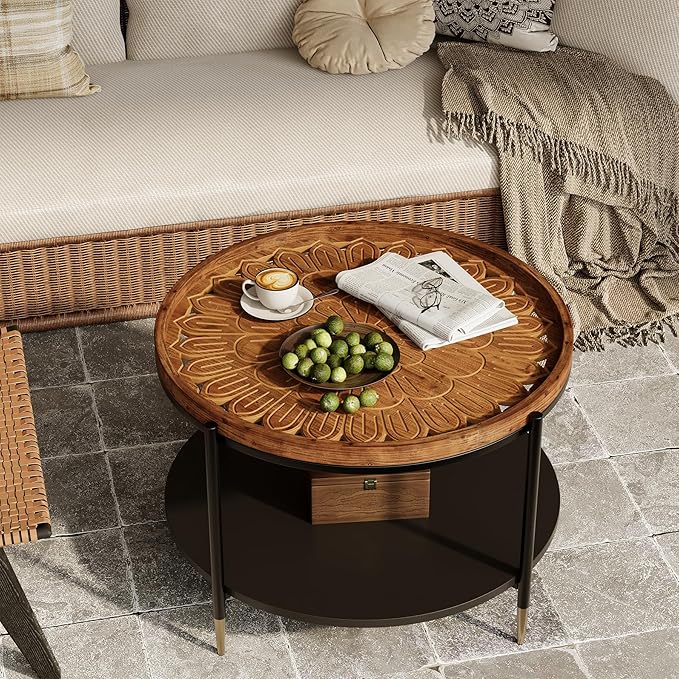 Solid Wood Round Coffee Table, 31.5-Inch Boho Center Tea Table with Metal Storage Frame & Carved Floral Pattern, Living Room Coffee Table Furniture for Small Spaces, Apartment, Rustic Brown