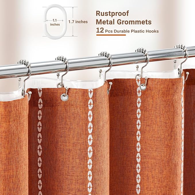 BTTN 3 in 1 Shower Curtain with Liner, 84 Extra Long Boho Linen Striped Cloth Shower Curtain Set with Hook, Tall Farmhouse Bohemian Waterproof Fabric Shower Curtain for Bathroom, Burnt Orange, 72x84