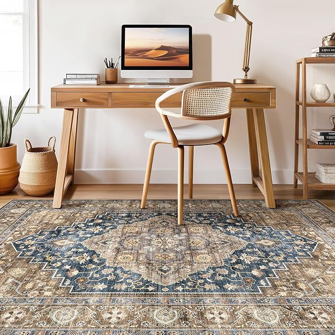 5x8 Area Rug Living Room: Washable Boho Large Neutral Vintage Soft Rugs Stain Resistant Farmhouse Non-Slip Indoor Floor Carpet for Bedroom Nursery Kids Office Dining Room Playroom- Yellow Blue