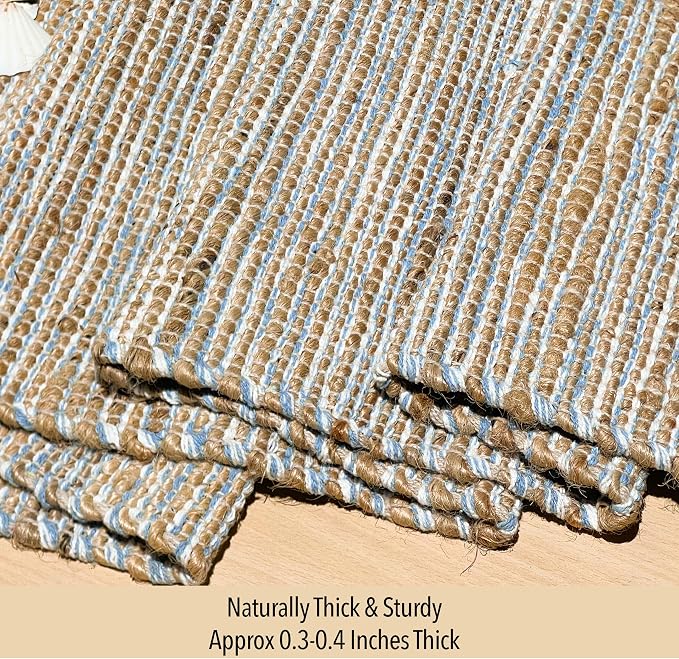 Chardin home Natural Jute Table Runner 13x72 Inch – Vintage Boho Rustic Table Decor – Handwoven Table Runner in Natural Jute and Sky Blue-White – Farmhouse Dining or Console Table Accent