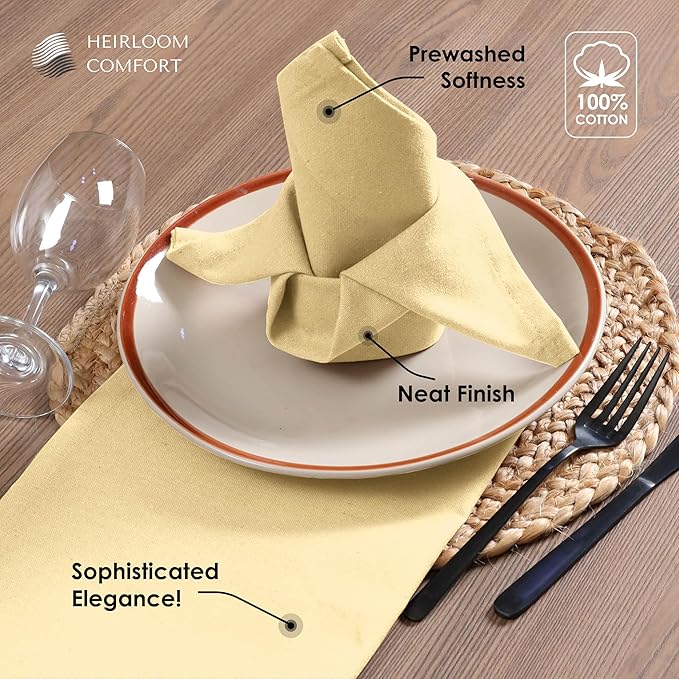 Light Yellow Cloth Dinner Napkins, 12 Pack, 100% Cotton, 17x17 Inches, Soft, Classic Farmhouse Style, Washable, Ideal for Easter Lunch, Weddings, Family Meals, Pale Yellow