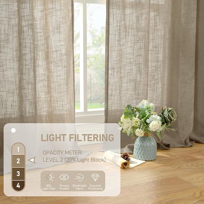 LAMIT Linen Sheer Curtains 96 Inches Long for Living Room 2 Panels, Light Filtering Boho Burlap Drapes Bronze Grommet Floor to Ceiling Curtains for Bedroom/Sliding Glass Door, Taupe, 52 x 96 Inch