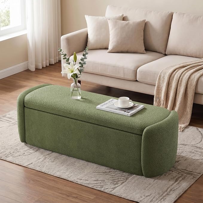 VKNOW 51" Storage Ottoman Bench, Upholstered End of Bed Bench with Smooth Hinges, Oval Large Ottoman Bench for Bedroom, Living Room and Hallway Entryway, Green