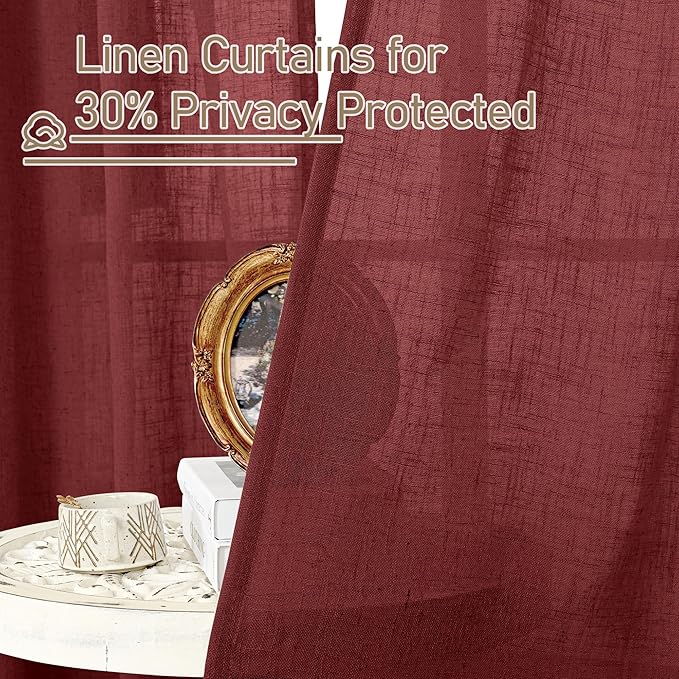 LAMIT 102 Inches Long Linen Curtains for Living Room, Back Tab and Rod Pocket Semi Sheer Panels Light Filtering Christmas Drapes for Bedroom/Dining Room, Burgundy Red, Set of 2, 52 x 102 Inch