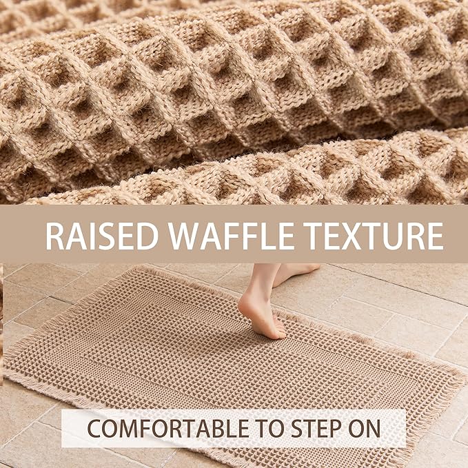Waffle Bath Mat Non Slip, Boho Bathroom Rug, Super Absorbent Quick Dry Bathroom Mat, Soft Farmhouse Bath Rug with Tassels, Small Washable Shower Mats for Floor 16"x24", Square Brown