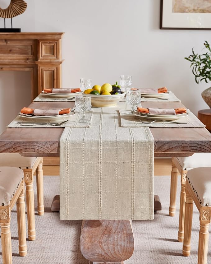 ZeeMart Linen Checked Farmhouse Table Runner, 13x72 Inches Neutral Beige | Raised Grid Design, Rich Woven Texture, Linen Blend Table Runners 72 Inches Long, Machine Washable, Boho Home Kitchen Decor