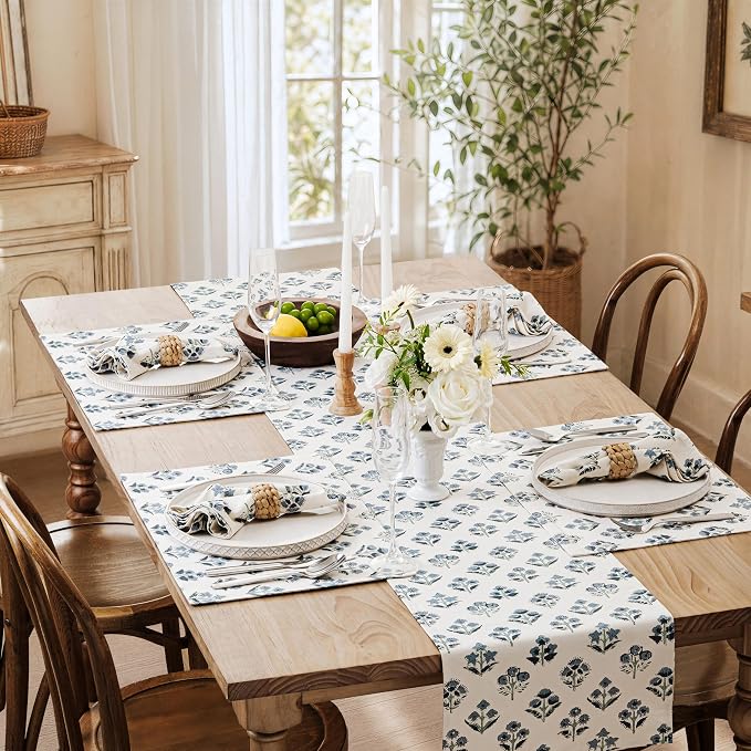 100% Cotton Block Print Floral Table Runners, 13x90 Inch Dusty Blue Farmhouse Table Runners 90 Inches Long Boho Flowers Home Decors