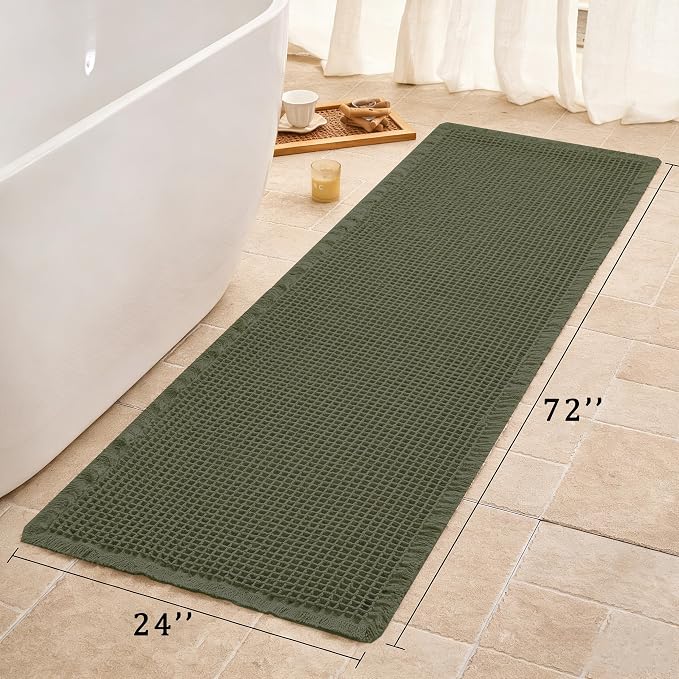Waffle Runner Rug Non Slip, Boho Bath Mat, Super Absorbent Quick Dry Long Bath Runner Bathroom, Soft Farmhouse Bath Rug with Tassels, Washable Shower Mats for Floor 24"x72", Olive Green
