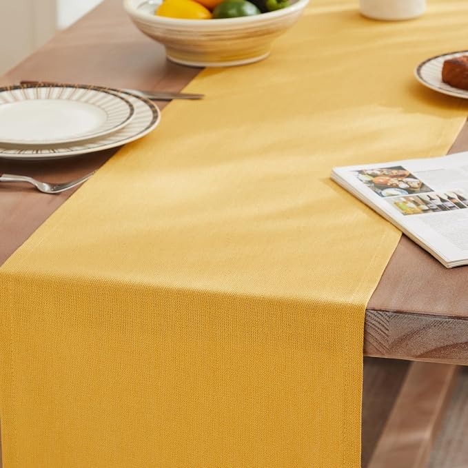 ZeeMart Rustic Cotton Linen Table Runner, 13x90 Inches Yellow, Farmhouse Style Yellow Table Runners 90 Inches Long, Washable Kitchen Dining Table Decoration for Home Party Decor