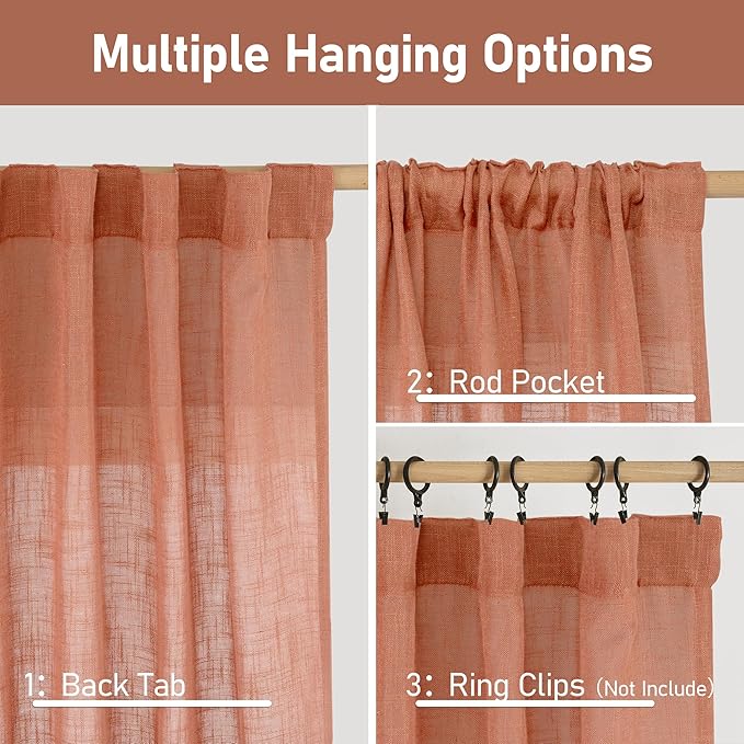 LAMIT Terracotta Linen Curtains 63 Inch for Bedroom, Light Filtering Neutral Semi Sheer Window Boho Curtains Back Tab and Rod Pocket Panels for Living Room, 2 Panels, 52 x 63 Inch
