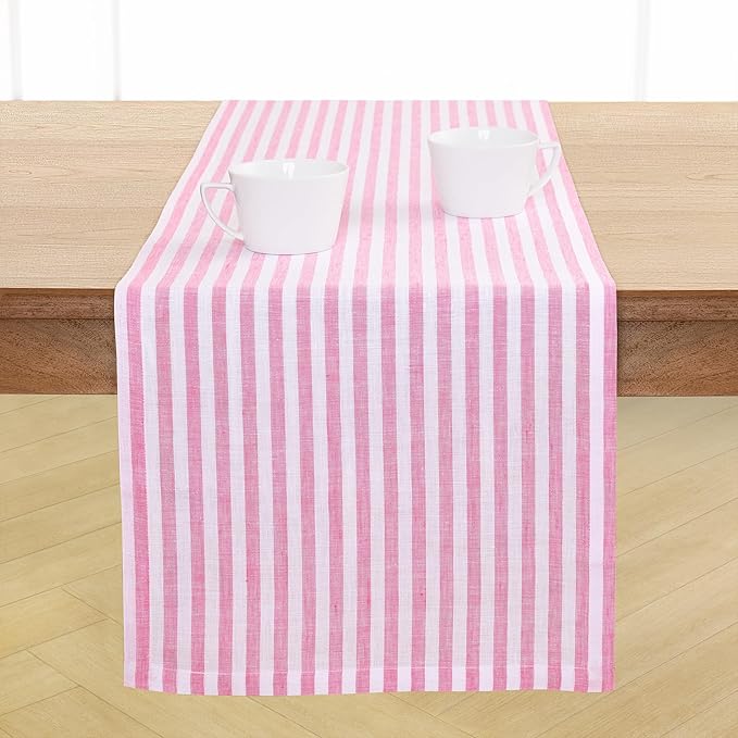 Solino Home Linen Table Runner 132 Inches Long - Amalfi Stripe, 100% Pure Linen Pink and White Farmhouse Table Runner 14 x 132 Inch for Dining, Summer