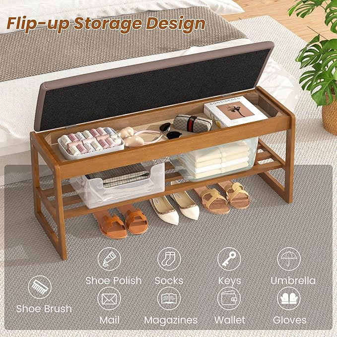 Shoe Storage Bench with Cushion - 2 Tier Shoe Rack for Front Door Entrance, Solid Wood Shoes Rack, Entryway Bench with Flip-Top Storage for Closet,Hallway,Bedroom&Living Room(Walnut, 39.4" W)