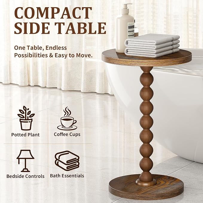 Round Side Table, Drink Table for Small Spaces, Modern Accent Nightstand with Rubberwood Leg for Living Room, Bedroom, Corners, and Office, Set of 2 (Brown)