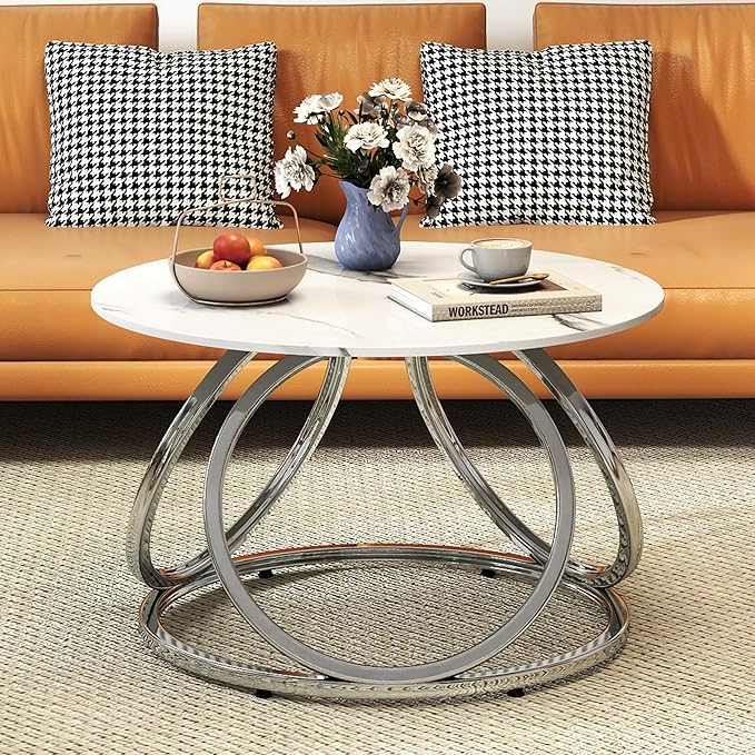 O&K FURNITURE Silver Coffee Table, Round Coffee Table Faux Marble Veins, Modern Center Table with Chrome Finish, for Living Room, Home Office, 1 PC