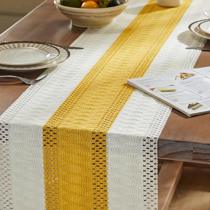 ZeeMart Macrame Style Bicolor Stitching Table Runner, 14 x 90 Inch Mustard/Ivory, Boho Yellow Table Runners 90 Inches Long, Farmhouse Woven Home Decor