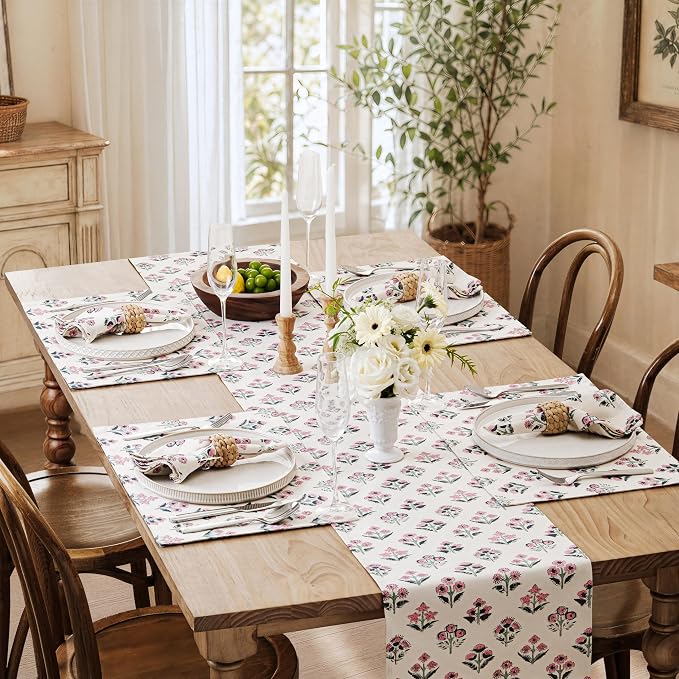 100% Cotton Block Print Floral Table Runners, 13x60 Inch Pink Farmhouse Table Runners 60 Inches Long Boho Flowers Home Decors