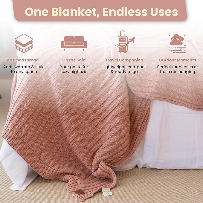 Dalisa 100% Organic Cotton Knit Blanket Denise -Soft and Lightweight, Breathable All-Season Throw for Bed, Sofa, or Lounge Area -Perfect for Home and Bedroom Styling (Pink, 60x80)