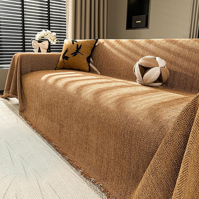Chenille Couch Cover for Sofa Non Slip Cover Washable Pet Scratch Couch Covers Tassel Sofa Slipcover for 3 Cushion Couch Furniture Protector Blanket for Living Room,Clay Brown 91"x118"