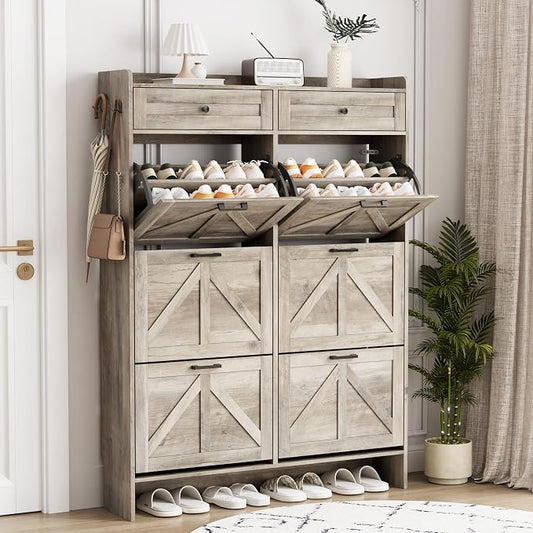 Shoe Cabinet with 6 Flip Drawers & 2 Top Drawers, 57" Tall Freestanding Narrow Wooden Shoe Storage Organizer for Entryway, Hidden Slim Shoe Rack for Front Door Entrance, Hallway, Living Room, Grey