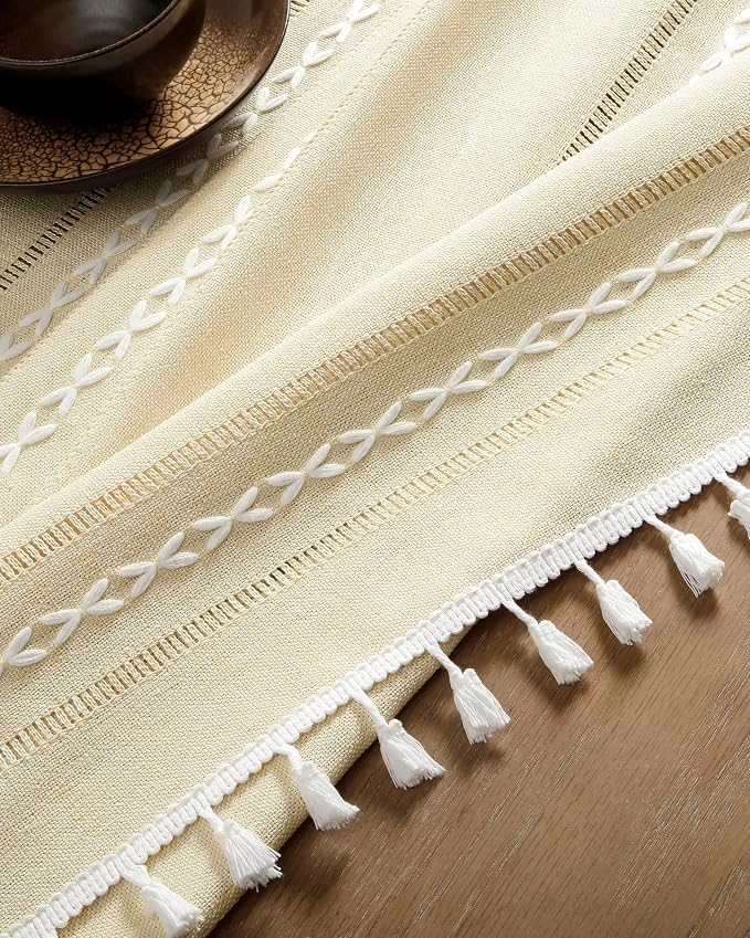 ZeeMart Hemstitched Embroidery Striped Boho Tablecloth 60x104 Inch Beige, Heavy Weight Farmhouse Burlap Linen Beige Tablecloth, Wrinkle Resistant Washable Table Cloth for Rectangle Table