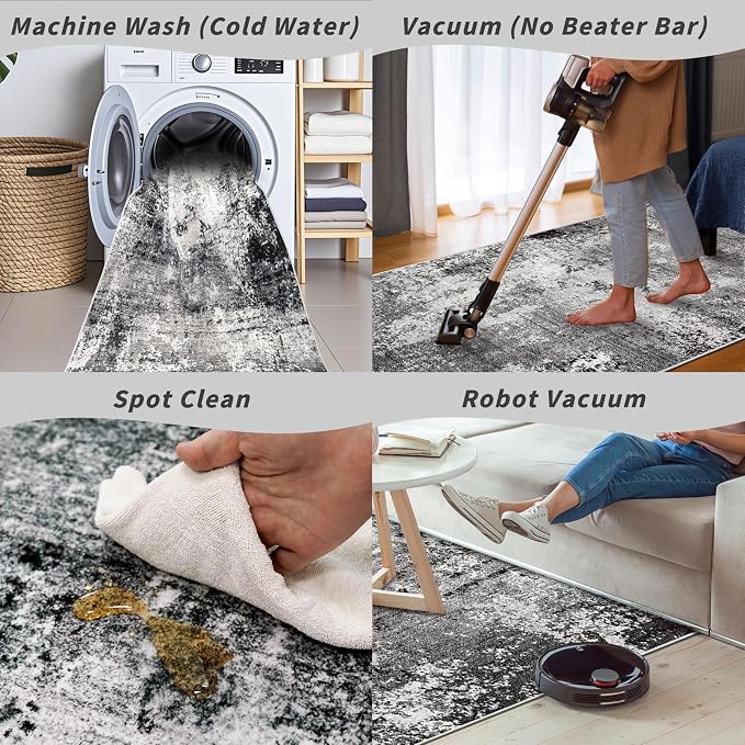 2x6ft Washable Kitchen Runner Rug – Non-Slip Low-Pile Floor Carpet Runner for Indoor Hallway, Bedroom, Bedside & Entryway, Modern Abstract Neutral (Black Grey,2x6)