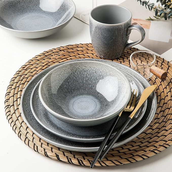 Arora FAIT Round Stoneware 16pc Dinnerware Set for 4, Dinner Plates, Side Plates, Cereal Bowls, Mugs - Reactive Glaze Grey (448158)