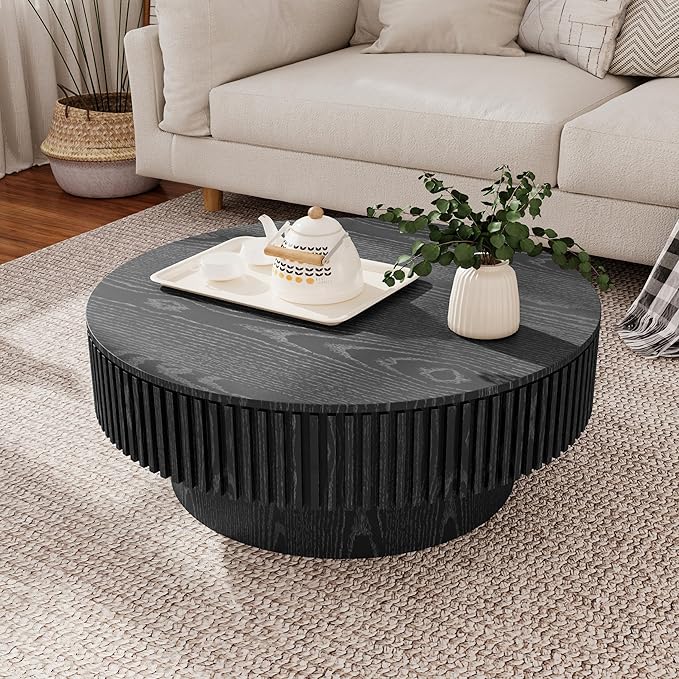 φ31.5 Round Coffee Table with Storage, Wood Veneered Pedestal End Table for Living Room, Modern Contemporary Circle Fluted Drum Side Table for Small Space - ø31.5" x 14"H Black