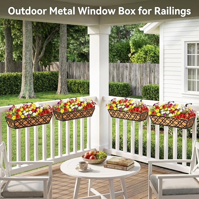 24 Inch Railing Planter Box with Coco Liner, Adjustable Metal Hanging Planter, Window Box for Balcony Deck Fence, Outdoor Flower Box Black, 6 Pack
