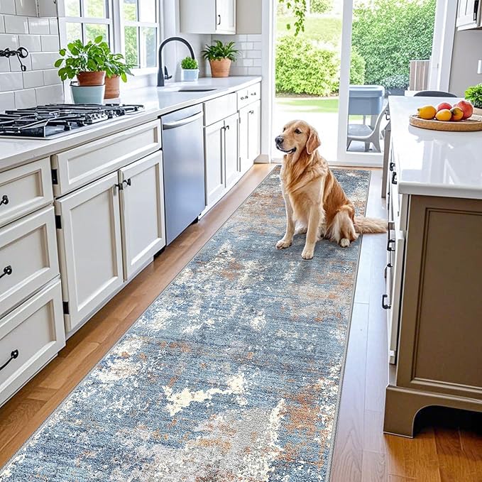 3x12 ft Long Hallway Runner Rug Non-Slip Washable Carpet Runner for Kitchen Entryway Bathroom Modern Abstract Neutral Low-Pile Thin Stain-Resistant Blue Rust