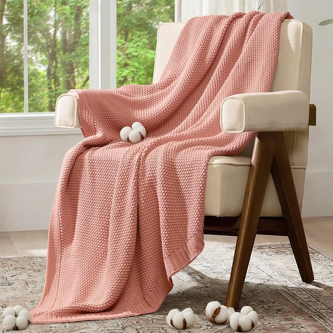 100% Cotton Cable Knit Throw Blanket, Large Lightweight Soft Knit Blanket for Sofa Couch Bed, Breathable All-Season Throw, Cozy Decorative Blanket, 60 x 80 Inch,Pink