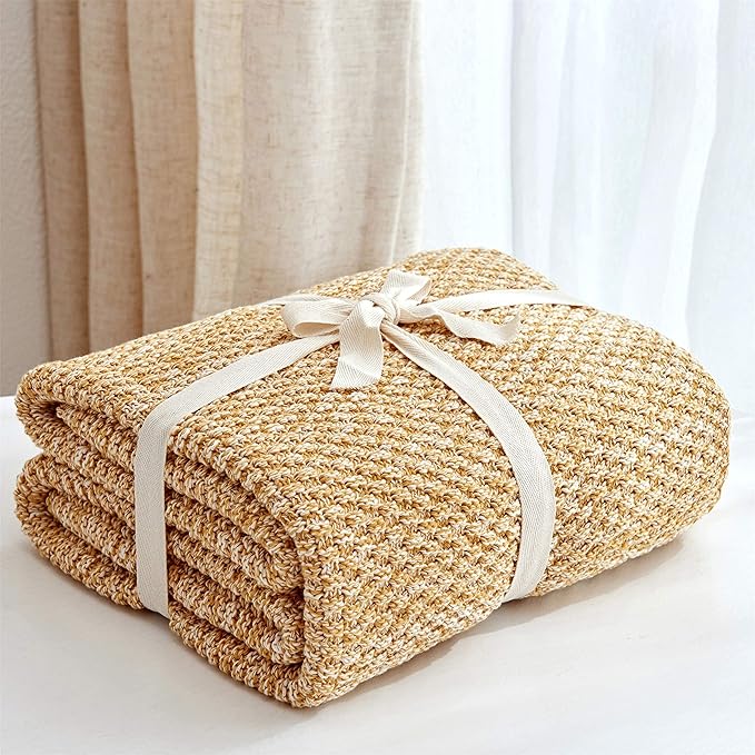 Longhui bedding 100% Cotton Knitted Throw Blanket – Mustard Yellow, Soft & Cozy, Machine Washable, 60"x80" – Perfect for Living Room, Couch, Sofa, Bed or Travel