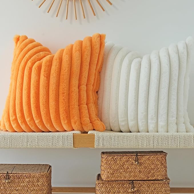JOJUSIS Pack of 2 Faux Fur Plush Decorative Throw Pillow Covers Couch Cushion Case Soft Pillowcases (Orange, 22 x 22-Inch)