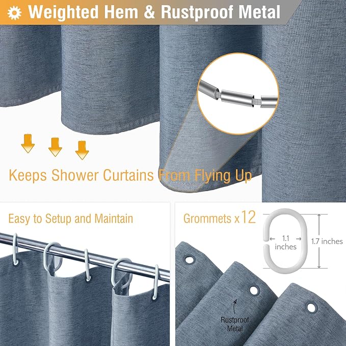 BTTN Extra Long Shower Curtain - 84 Inch Long Linen Textured Heavy Duty Fabric Shower Curtain Set with 12 Plastic Hooks, Large Hotel Spa Simple Polyester Bath Curtains for Bathroom - 72x84 - Blue Gray
