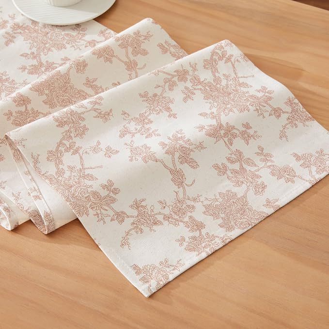 100% Cotton French Pastoral Table Runners, 13x36Inch Taupe Farmhouse Table Runners 36 Inches Long, Vintage Flowers Print Home Decors