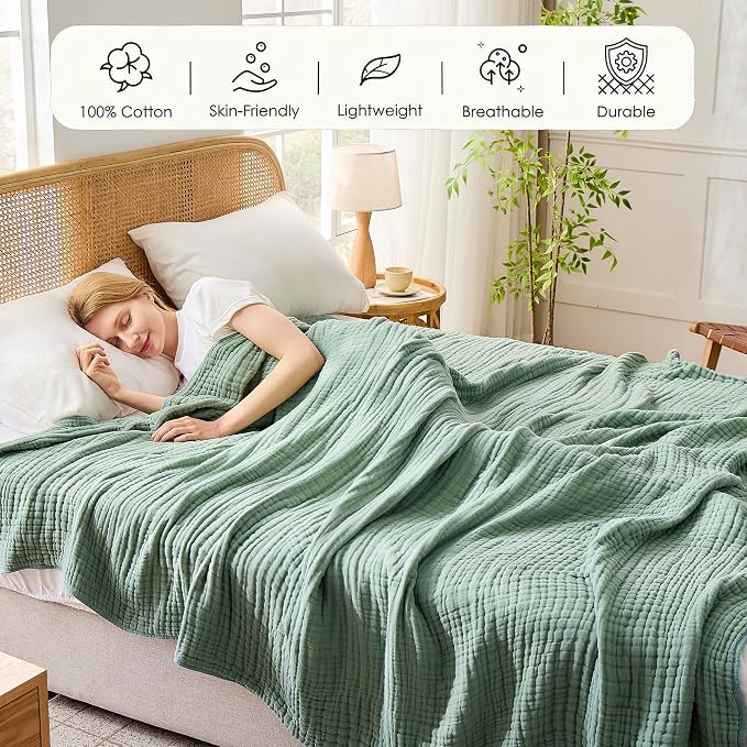 VANJOROY 9-Layer Muslin Throw Blanket 50" x 70" Teal, 100% Cotton Organic Breathable Lightweight Large Throw for Couch Bed Quilt and Bedspread - All Season Muslin Soft Gauze Blanket