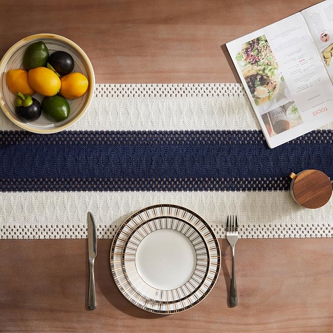 ZeeMart Macrame Style Bicolor Stitching Table Runner, 14 x 90 Inch Navy Blue/Ivory, Boho Navy Table Runners 90 Inches Long, Farmhouse Woven Home Decor