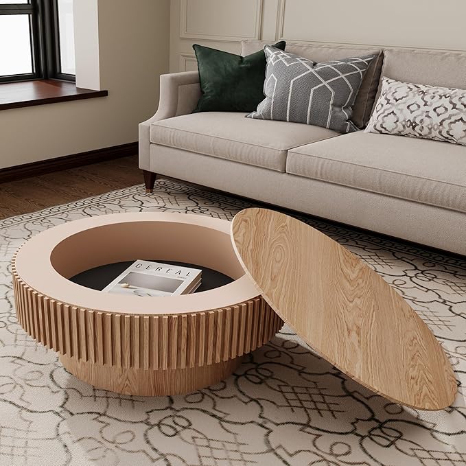 φ31.5 Round Coffee Table with Storage, Wood Veneered Pedestal End Table for Living Room, Modern Contemporary Circle Fluted Drum Side Table for Small Space - ø31.5" x 14"H Oak